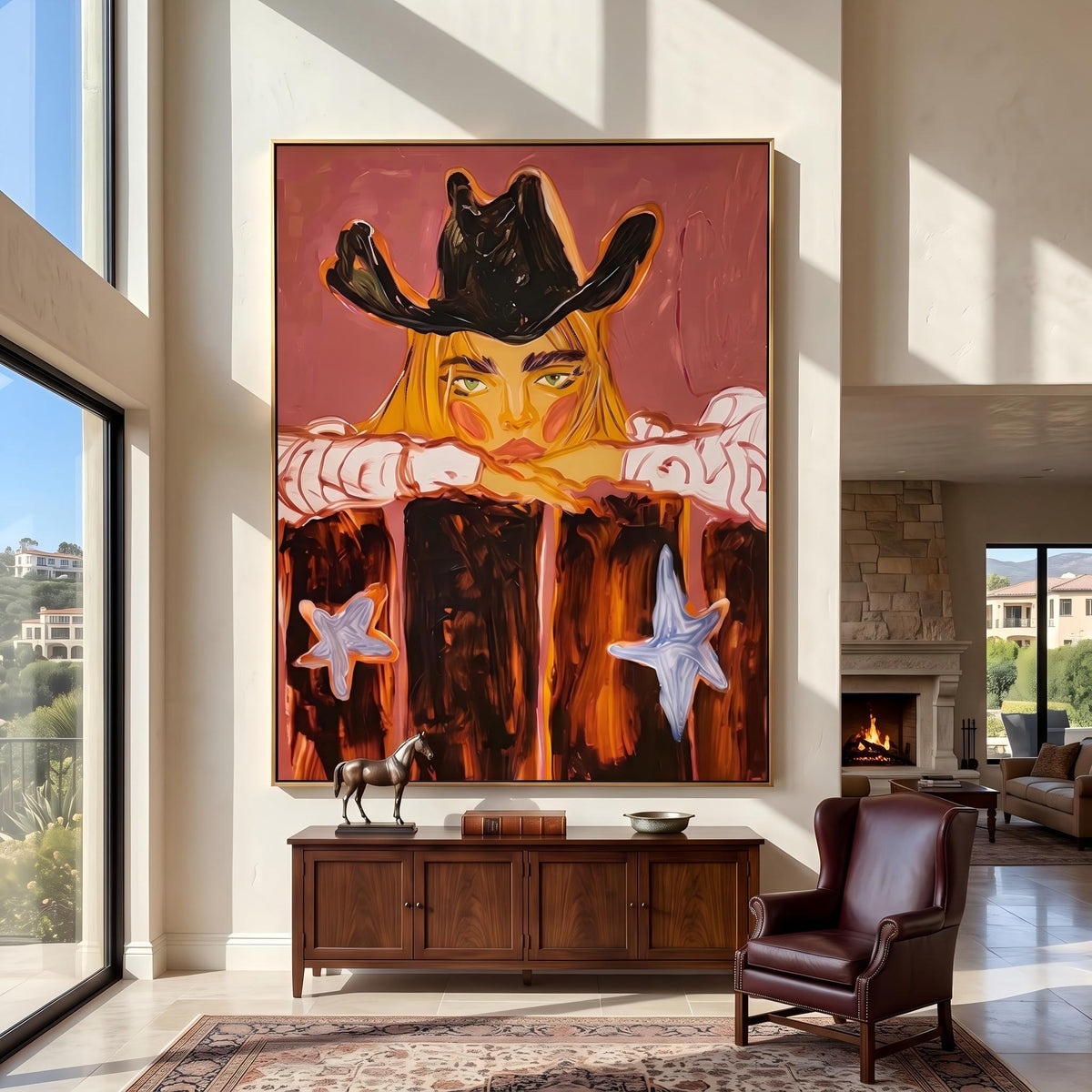 "Western Cowboy Girl" - Modern Heavy Impasto Western Animal Artwork | Orange Palette Knife Painting | Luxury Vertical Wall Art #YK 1580
