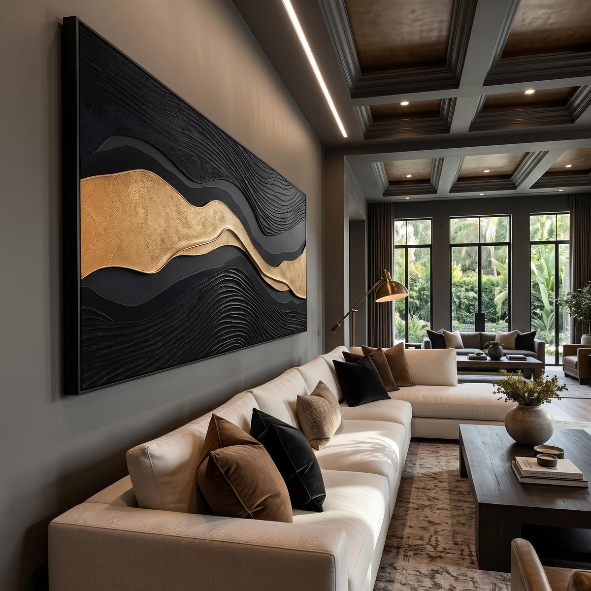 "Luxury Black‑Gold Layered Mountain" - Modern Heavy Impasto Landscape Artwork | Beige Palette Knife Painting | Luxury Horizontal Wall Art #YK 1545
