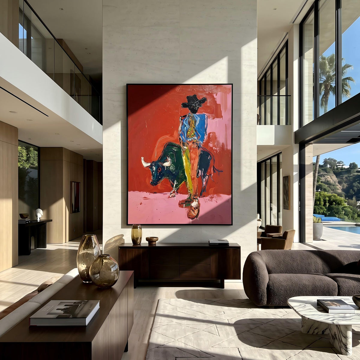 "Bullfighting Western Cowboy" - Modern Heavy Impasto Western Animal Artwork | Pink Palette Knife Painting | Luxury Vertical Wall Art #YK 1581