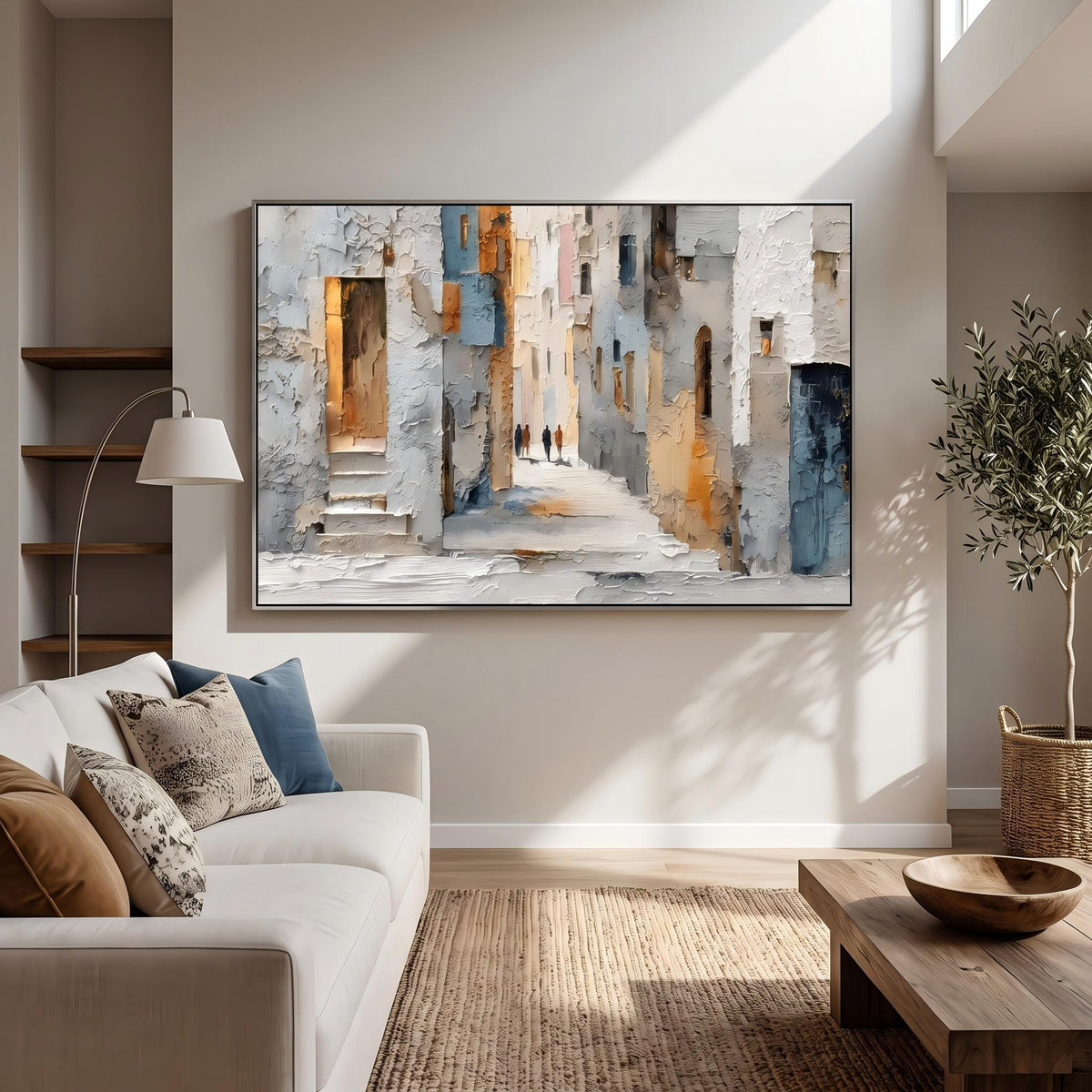 "European Old Town Street" - Modern Heavy Impasto Abstract Artwork | Beige & Grey Palette Knife Painting | Luxury Horizontal Wall Art #YK 1561