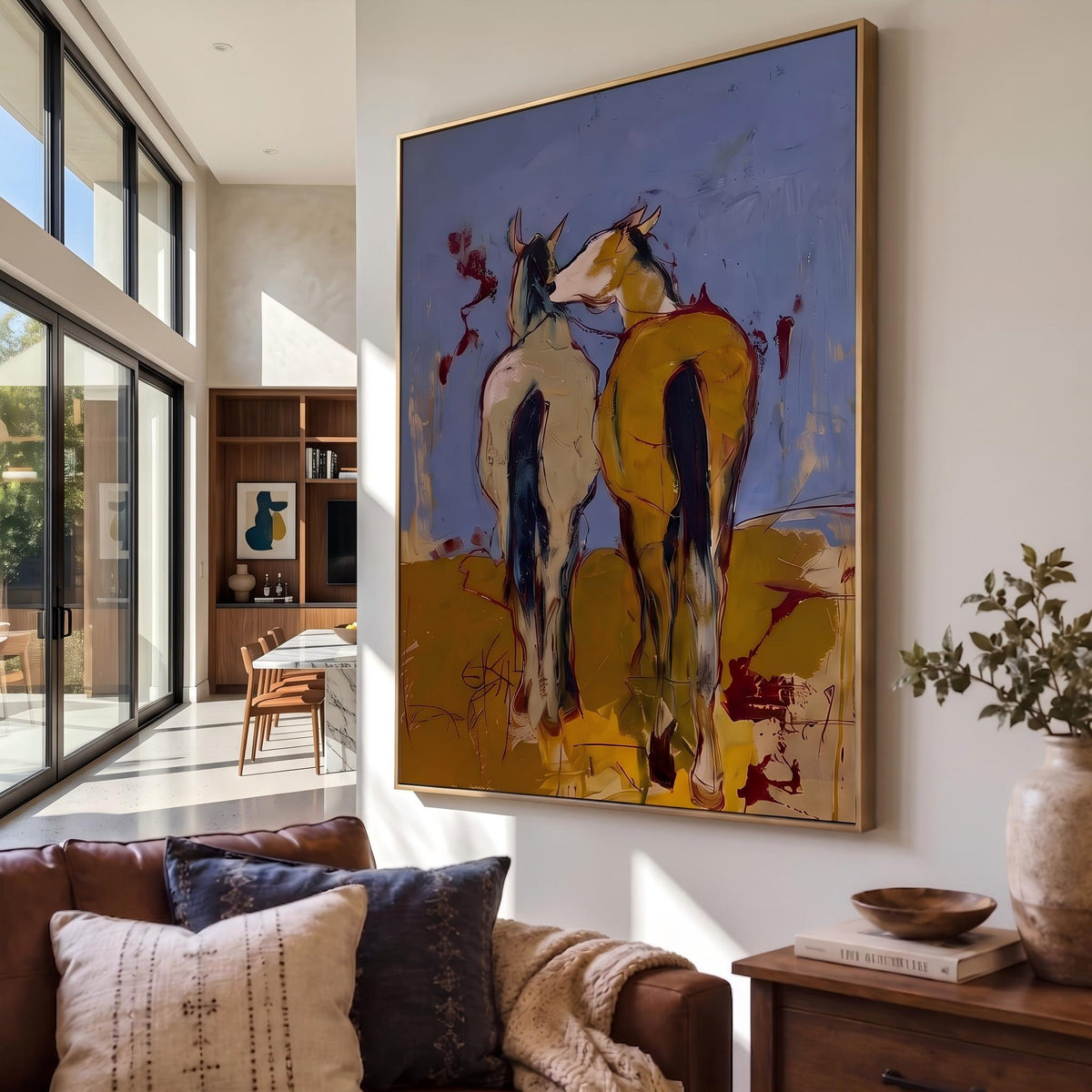 "Wild Companions" - Modern Heavy Impasto Western Animal Artwork | Yellow Palette Knife Painting | Luxury Vertical Wall Art #YK 1573