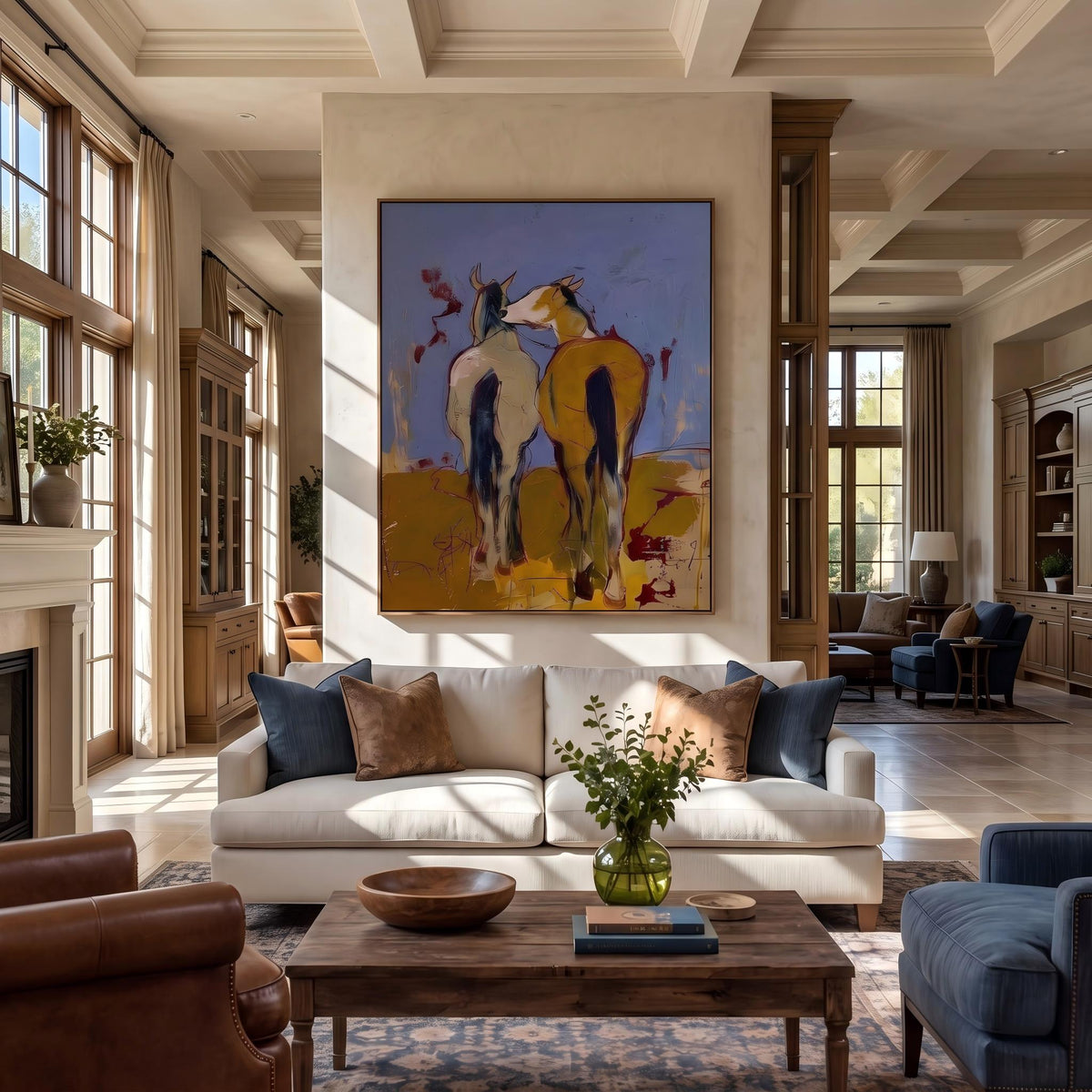 "Wild Companions" - Modern Heavy Impasto Western Animal Artwork | Yellow Palette Knife Painting | Luxury Vertical Wall Art #YK 1573
