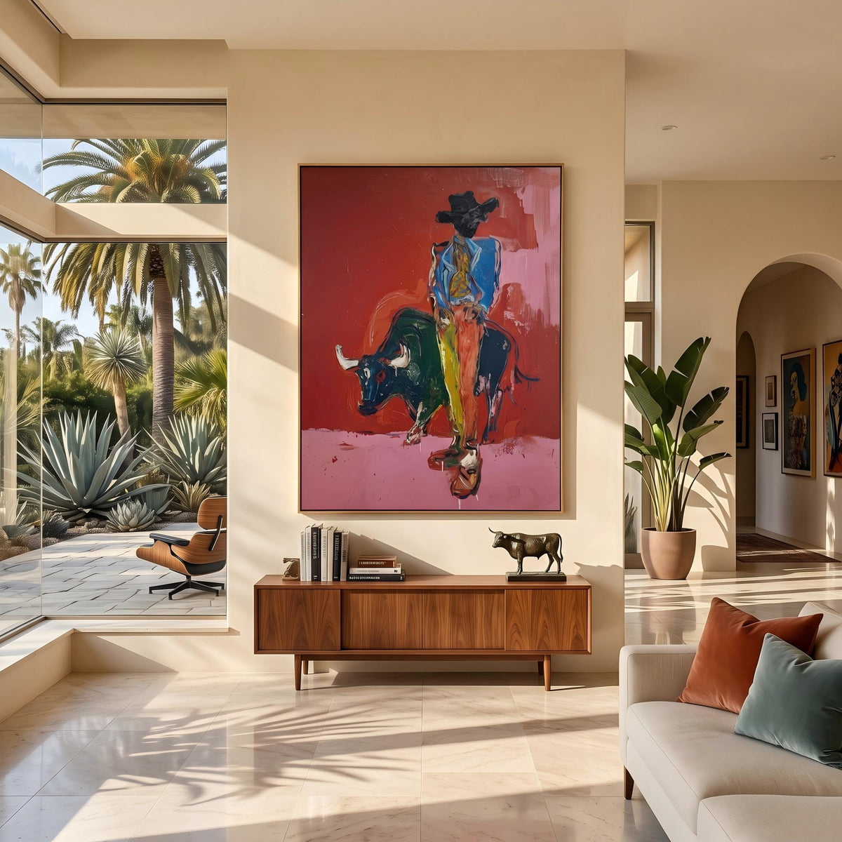 "Bullfighting Western Cowboy" - Modern Heavy Impasto Western Animal Artwork | Pink Palette Knife Painting | Luxury Vertical Wall Art #YK 1581