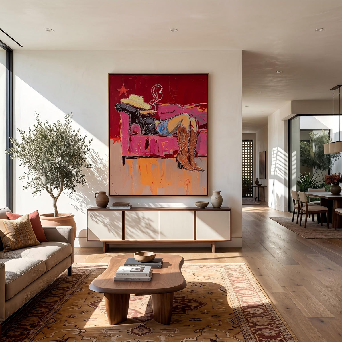 "Couch Western Cowgirl" - Modern Heavy Impasto Western Animal Artwork | Pink Palette Knife Painting | Luxury Vertical Wall Art #YK 1586