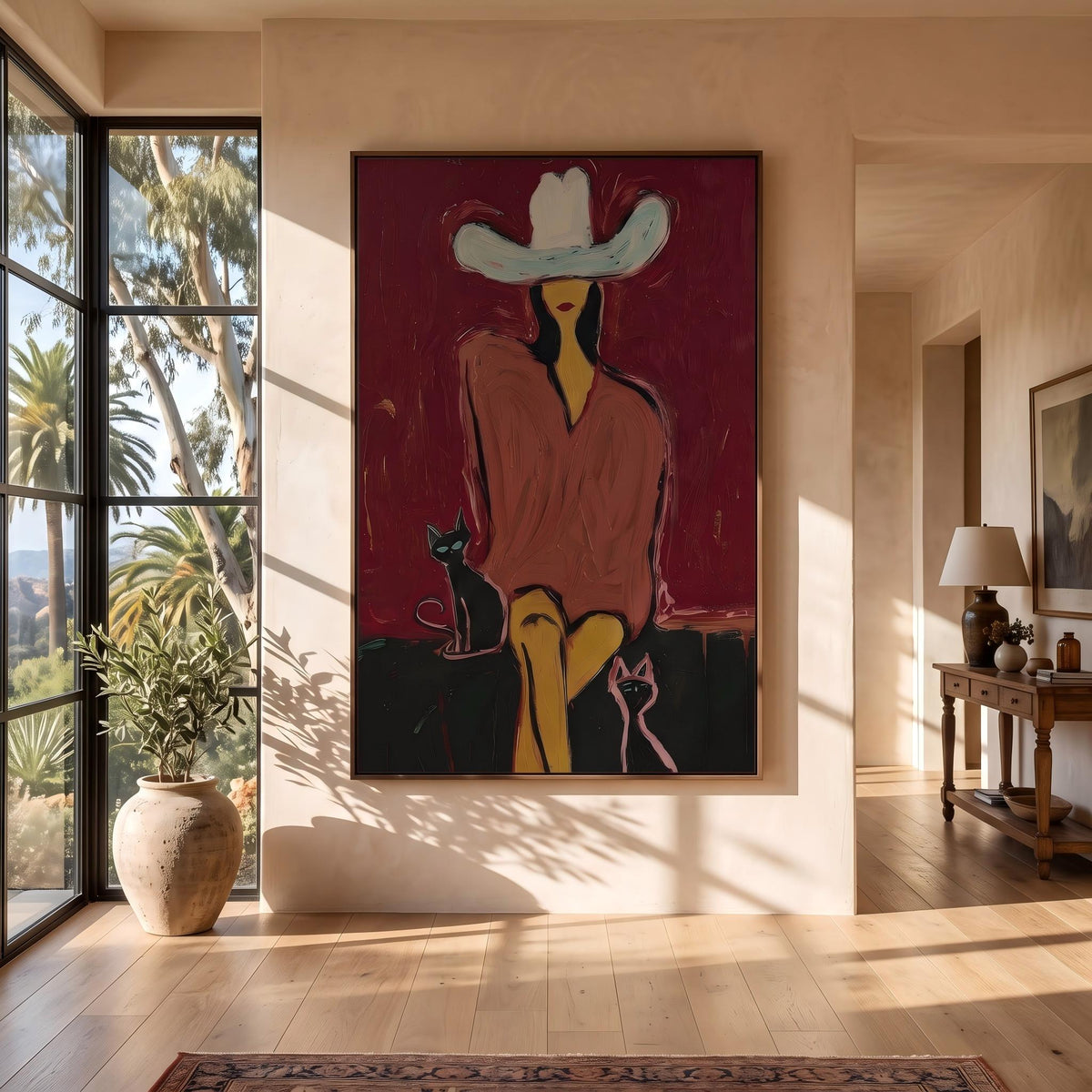 "Western Woman and Cat" - Modern Heavy Impasto Western Animal Artwork | Golden Palette Knife Painting | Luxury Vertical Wall Art #YK 1574