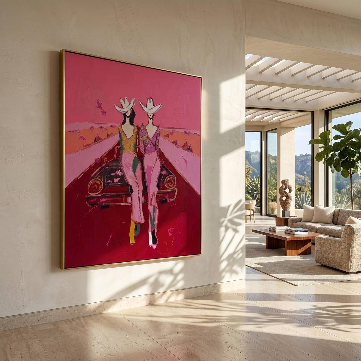 "Cowgirls on the Road" - Modern Heavy Impasto Abstract Artwork | Pink Palette Knife Painting | Luxury Vertical Wall Art #YK 1585