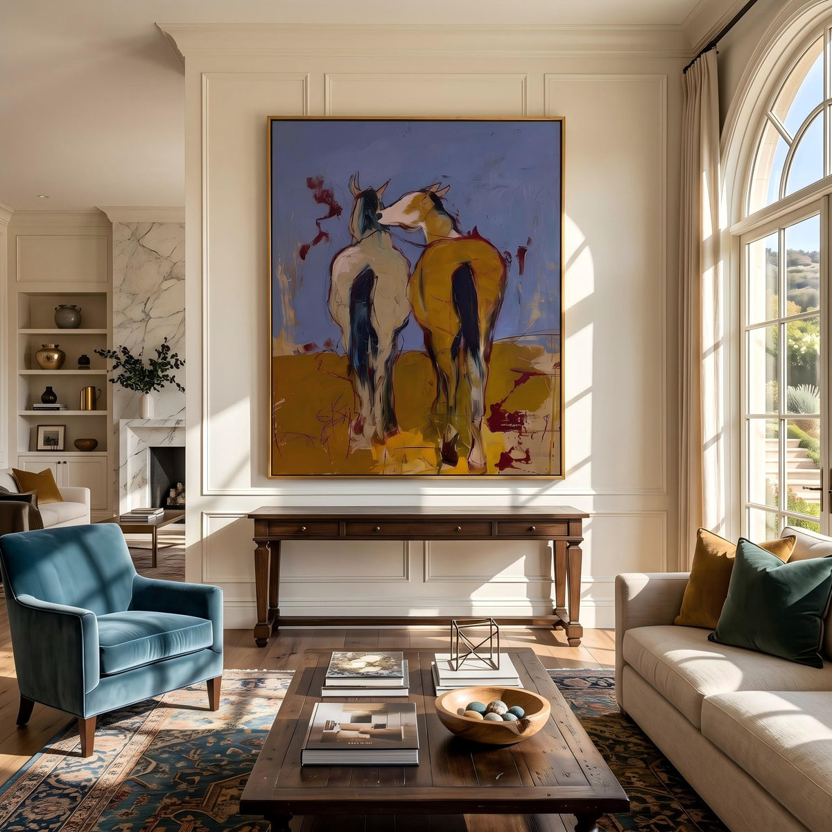"Wild Companions" - Modern Heavy Impasto Western Animal Artwork | Yellow Palette Knife Painting | Luxury Vertical Wall Art #YK 1573