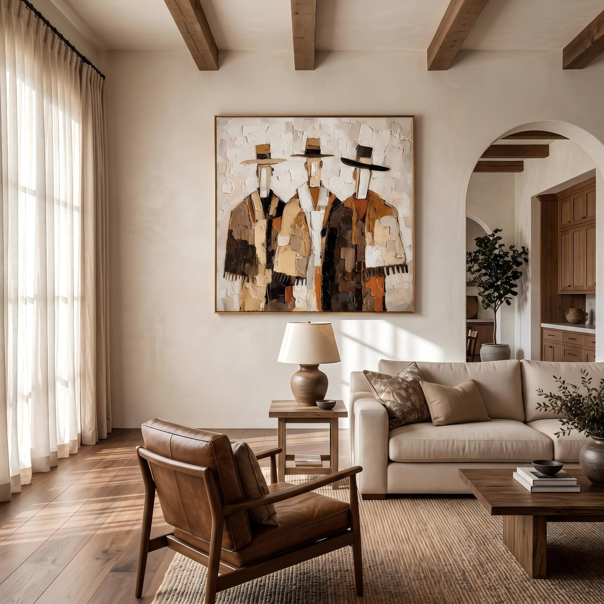 "Three Cowboys Impasto Wall" - Modern Heavy Impasto Abstract Artwork | Orange Palette Knife Painting | Luxury Square Wall Art #YK 1560