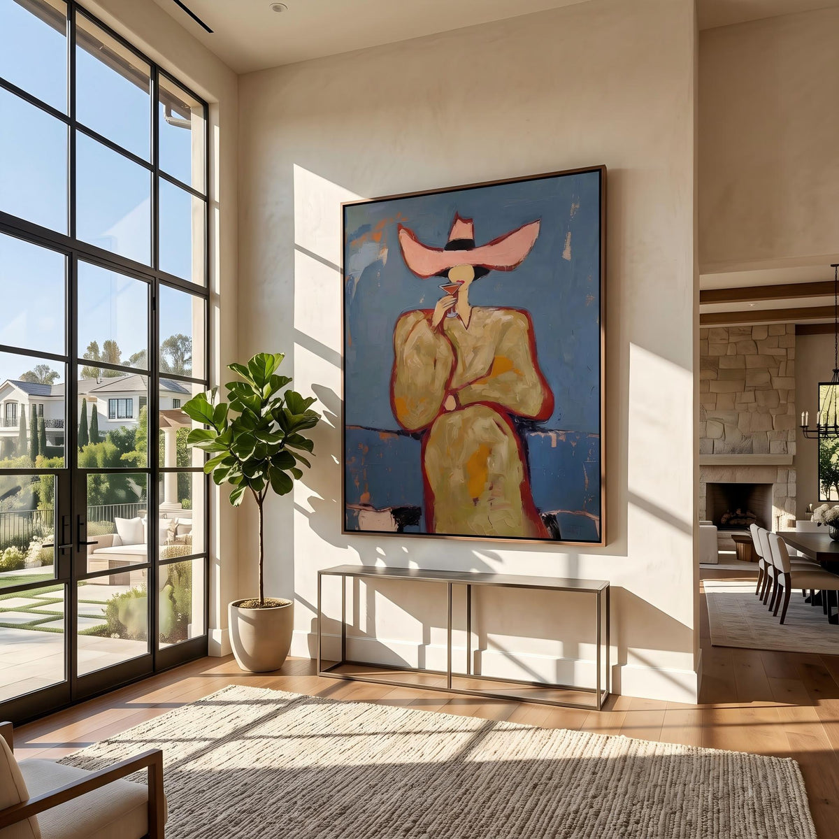 "Pink cowboy hat woman drinking cocktail" - Modern Heavy Impasto Western Animal Artwork | Golden & Orange Palette Knife Painting | Luxury Vertical Wall Art #YK 1576