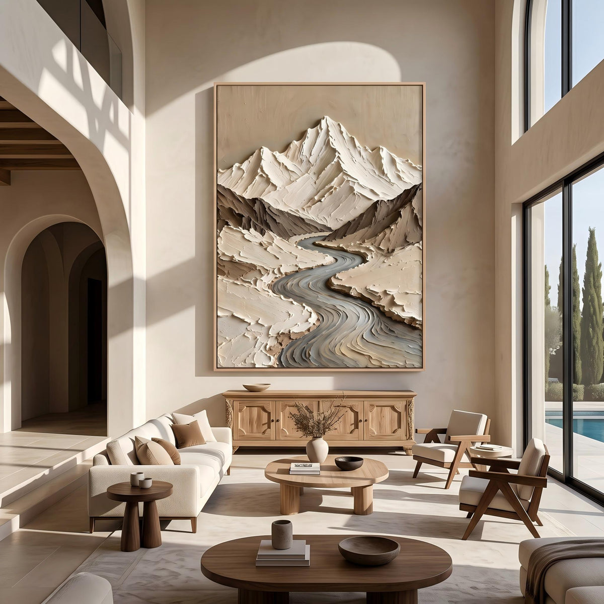 "Thick Impasto Mountain Valley" - Modern Heavy Impasto Landscape Artwork | Beige Palette Knife Painting | Luxury Vertical Wall Art #YK 1611