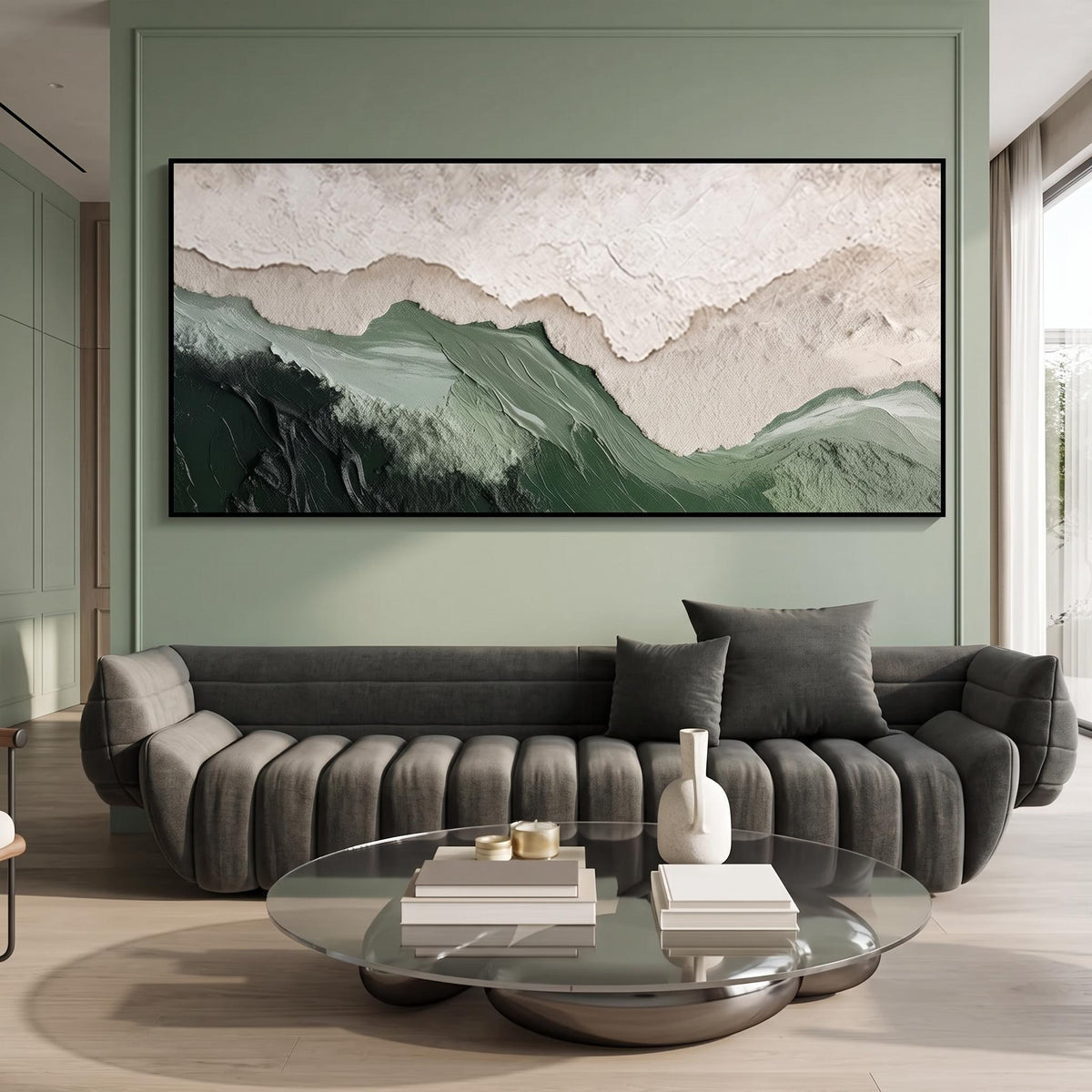 "Layered Mountain" - Modern Heavy Impasto Landscape Artwork | Beige Palette Knife Painting | Luxury Horizontal Wall Art #YK 1564