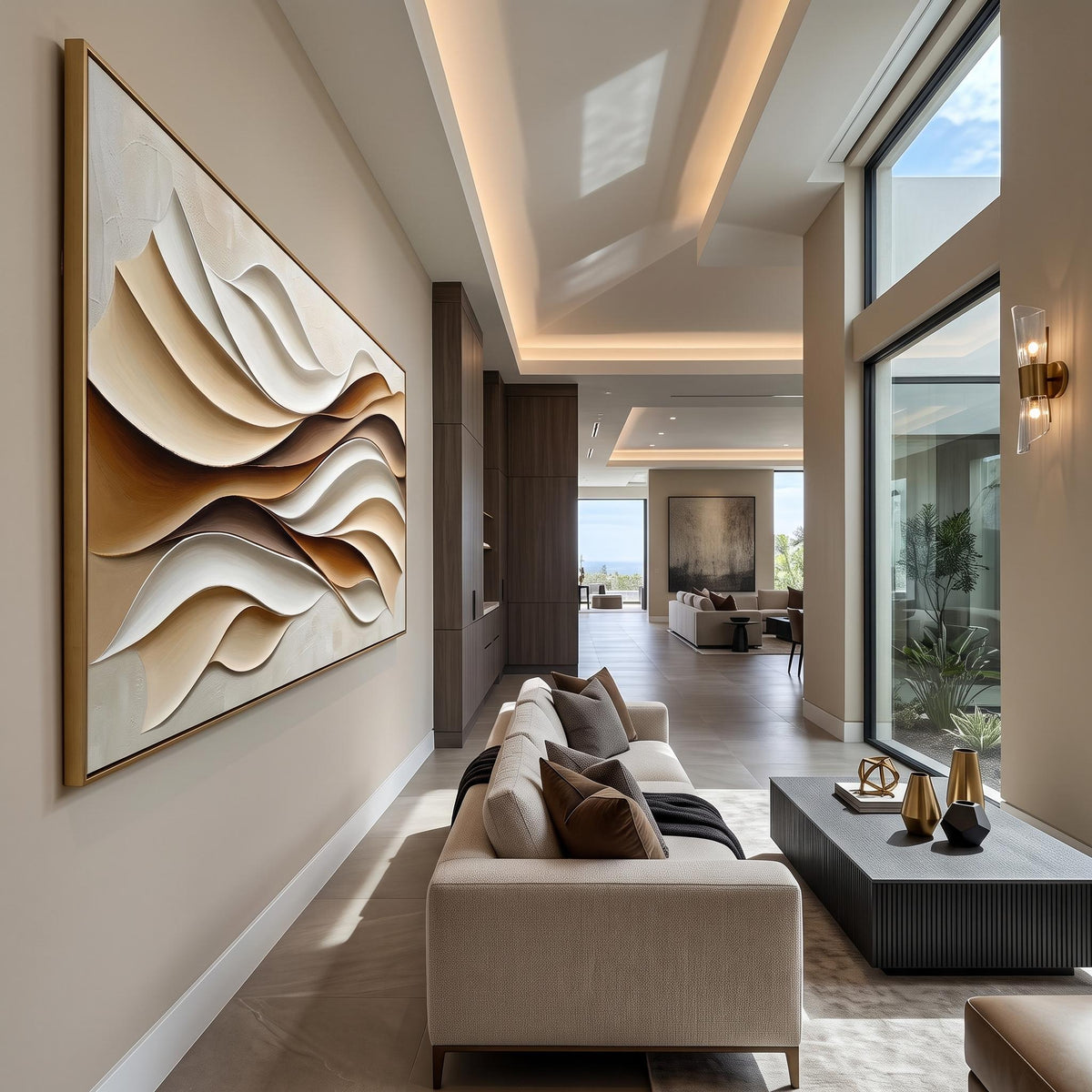 "Layered Wave" - Modern Heavy Impasto Ocean Wave Seascape | Beige Palette Knife Painting | Luxury Horizontal Wall Art #YK 1555
