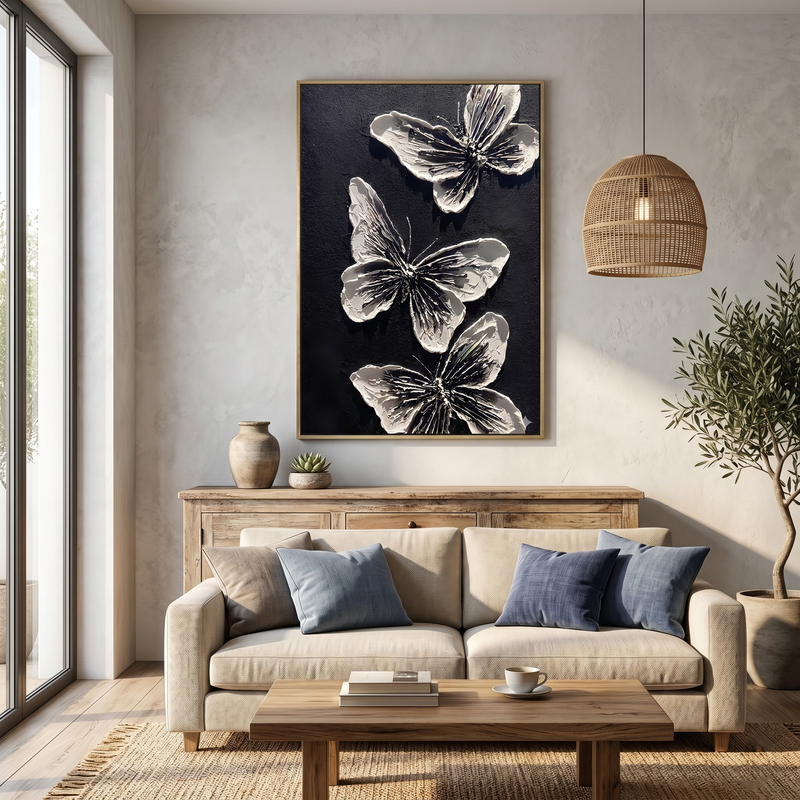 "Nocturnal Metamorphosis" – Modern 3D Heavy Impasto Butterfly Relief | Bold Monochrome Statement Art
