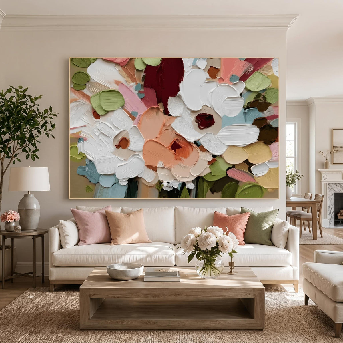 "Colorful Textured Floral Wall" - Modern Heavy Impasto Floral Abstract | White Palette Knife Painting | Luxury Horizontal Wall Art #YK 1615