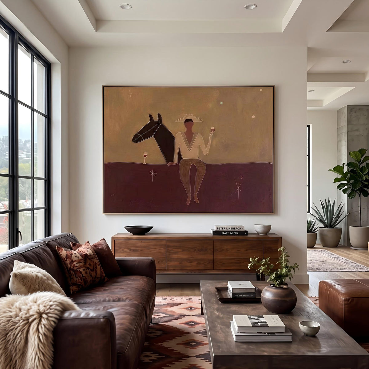 "Western Cowboy and Horse" - Modern Heavy Impasto Western Animal Artwork | Purple Palette Knife Painting | Luxury Horizontal Wall Art #YK 1569