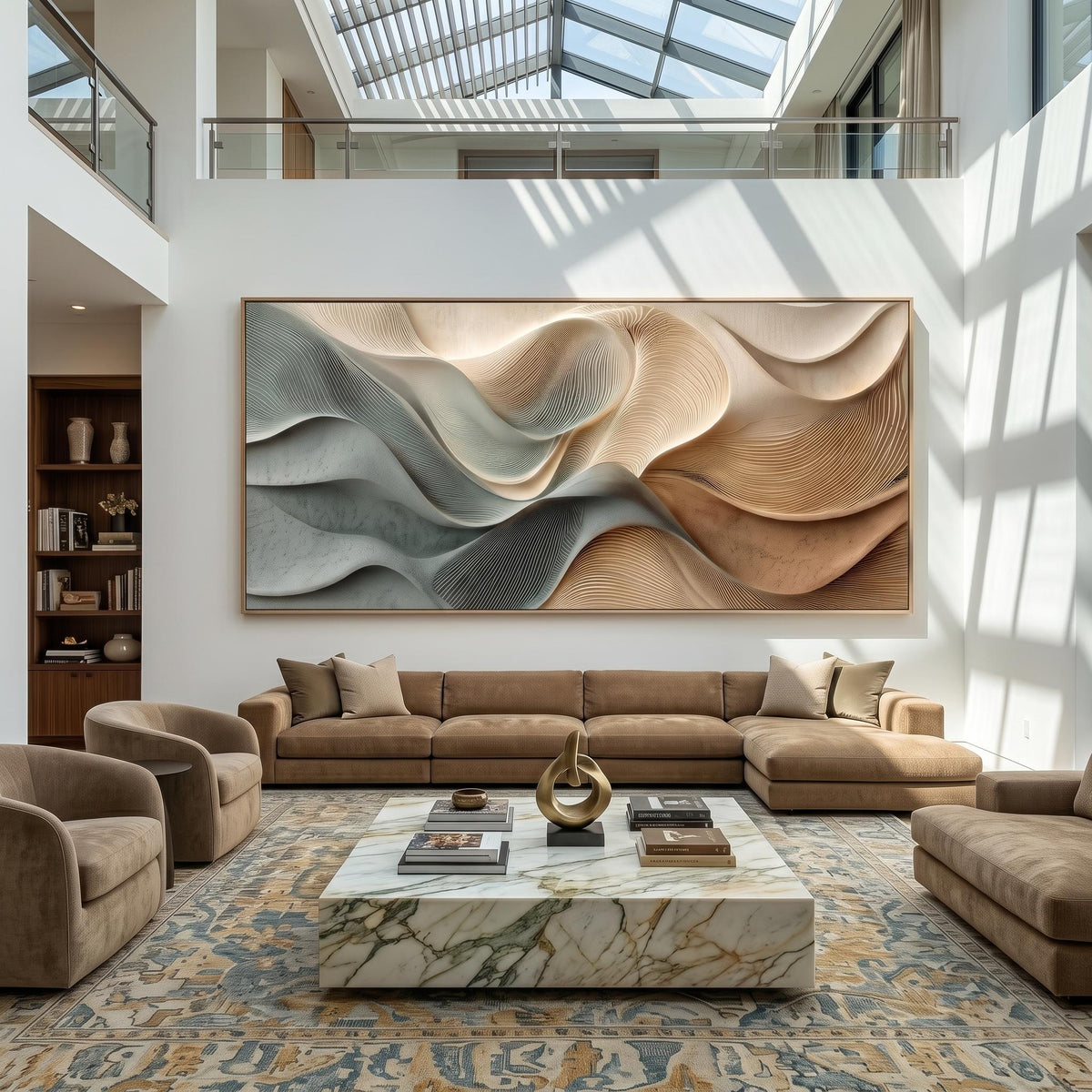 "Dusty Blue Beige Heavy‑Texture Wave" - Modern Heavy Impasto Ocean Wave Seascape | Beige Palette Knife Painting | Luxury Horizontal Wall Art #YK 1608