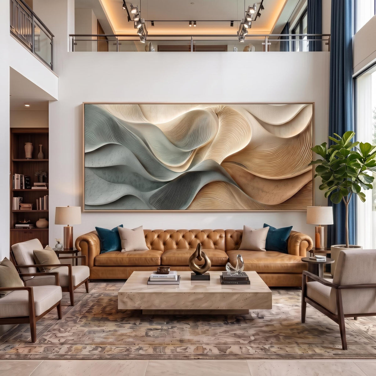 "Dusty Blue Beige Heavy‑Texture Wave" - Modern Heavy Impasto Ocean Wave Seascape | Beige Palette Knife Painting | Luxury Horizontal Wall Art #YK 1608