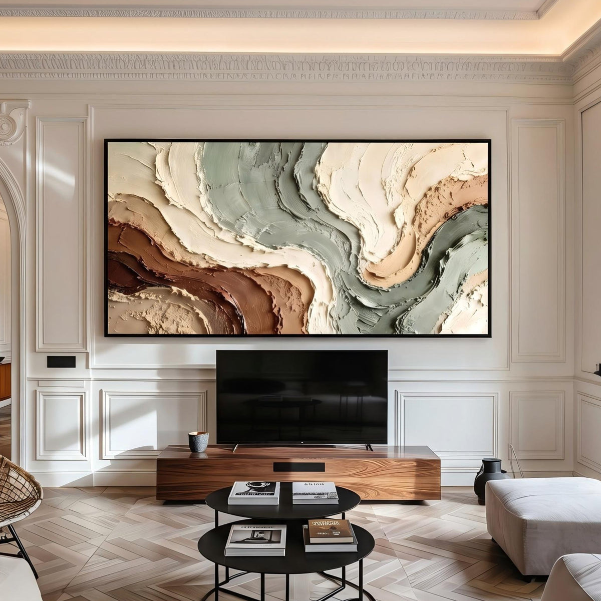 "Muted Green Brown Flow Textured Art" - Modern Heavy Impasto Abstract Artwork | Beige Palette Knife Painting | Luxury Horizontal Wall Art #YK 1612