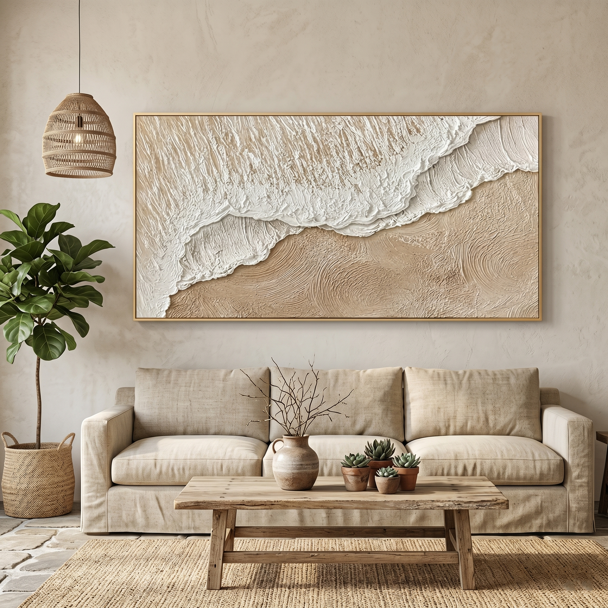 "Coastal Drift" – Extreme 3D Heavy Impasto Seascape | Serene Neutral Beach Statement Art