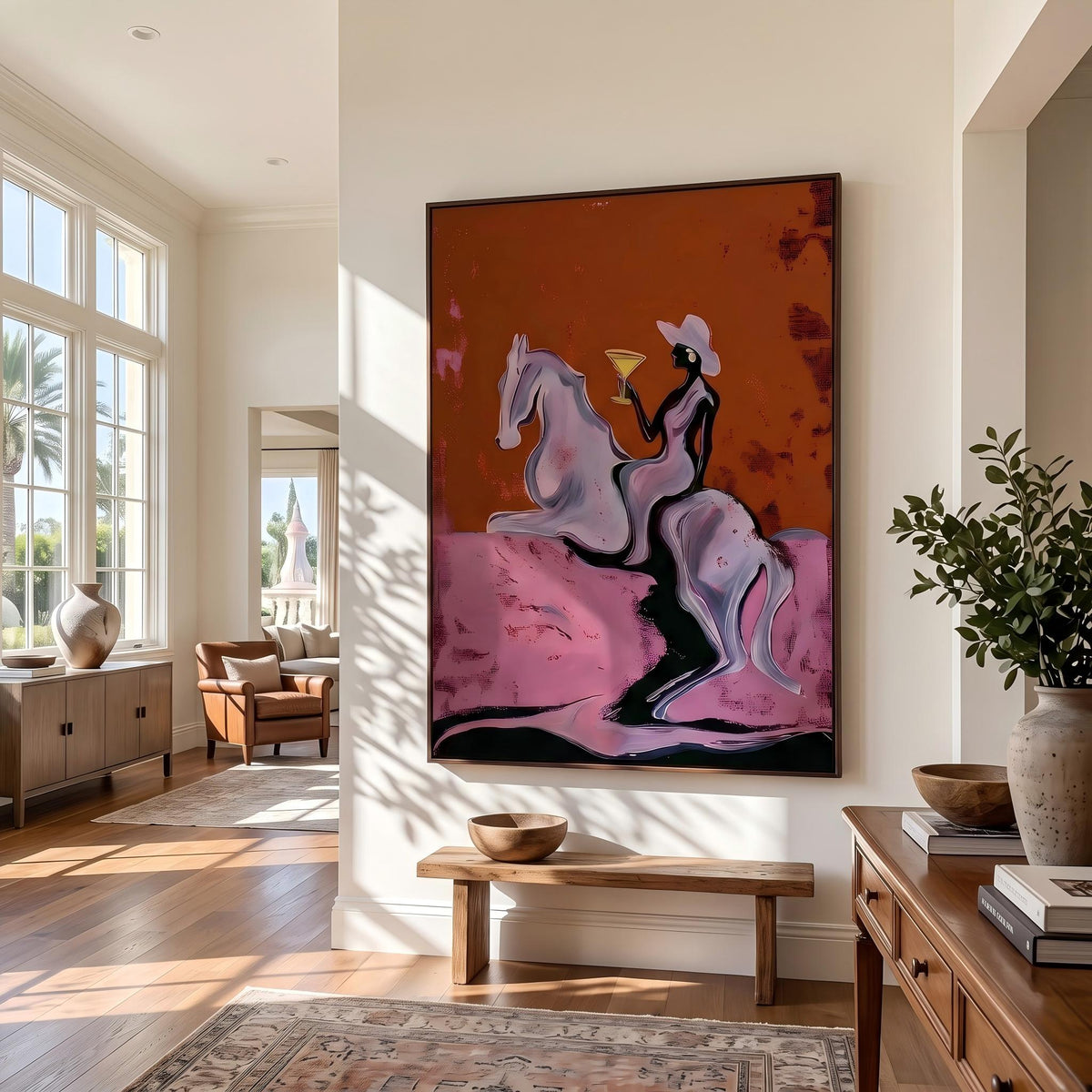 "Cowgirl Martini Ride" - Modern Heavy Impasto Western Animal Artwork | Pink Palette Knife Painting | Luxury Vertical Wall Art #YK 1571