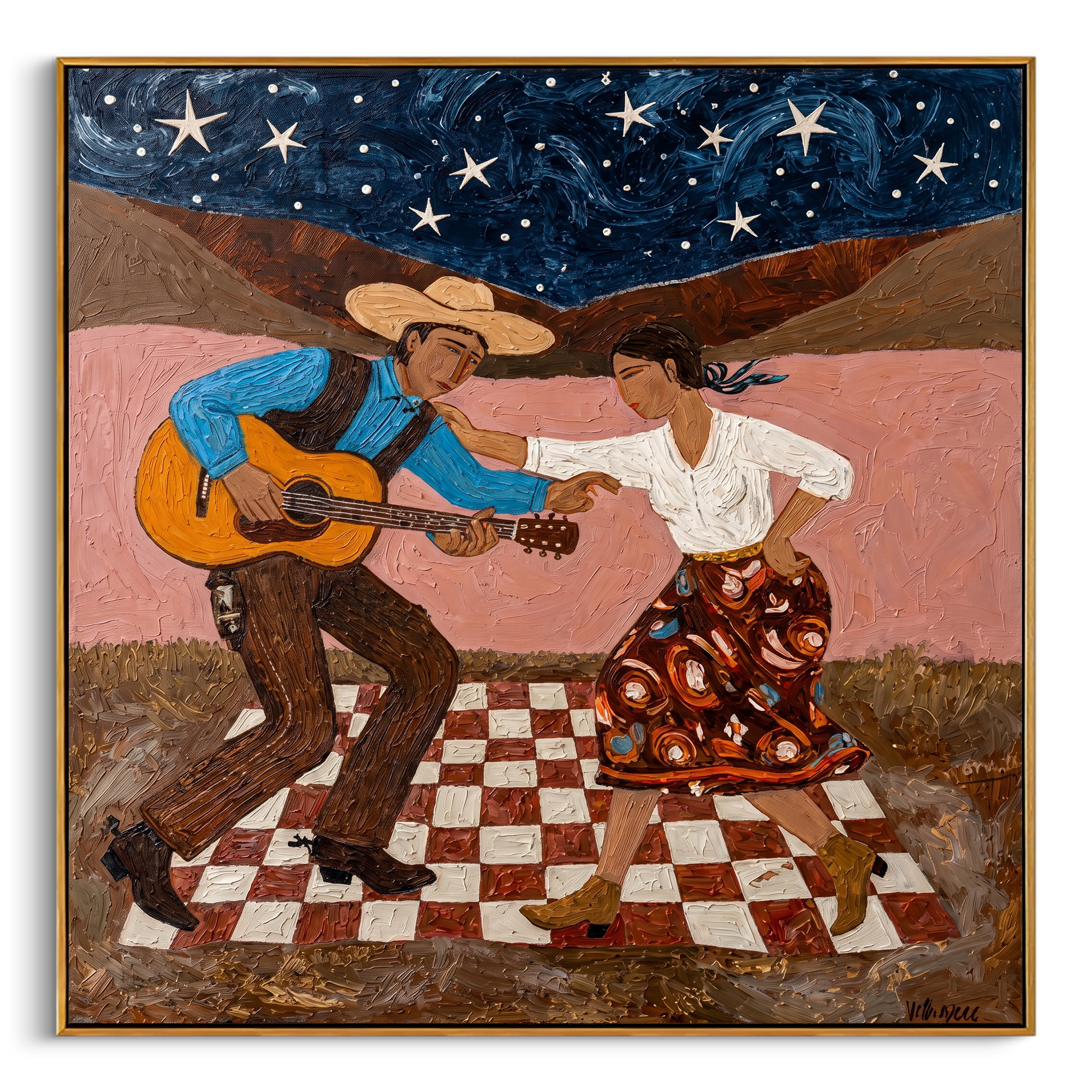 "Starry Folk Serenade" – Modern Heavy Impasto Southwestern Figurative | 3D Midnight & Blush Terracotta Palette Knife Painting | Luxury Square Wall Art #PT 037