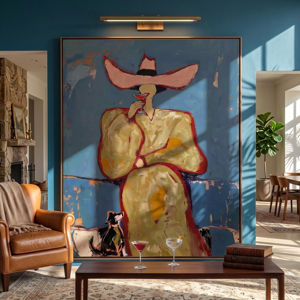 "Pink cowboy hat woman drinking cocktail" - Modern Heavy Impasto Western Animal Artwork | Golden & Orange Palette Knife Painting | Luxury Vertical Wall Art #YK 1576