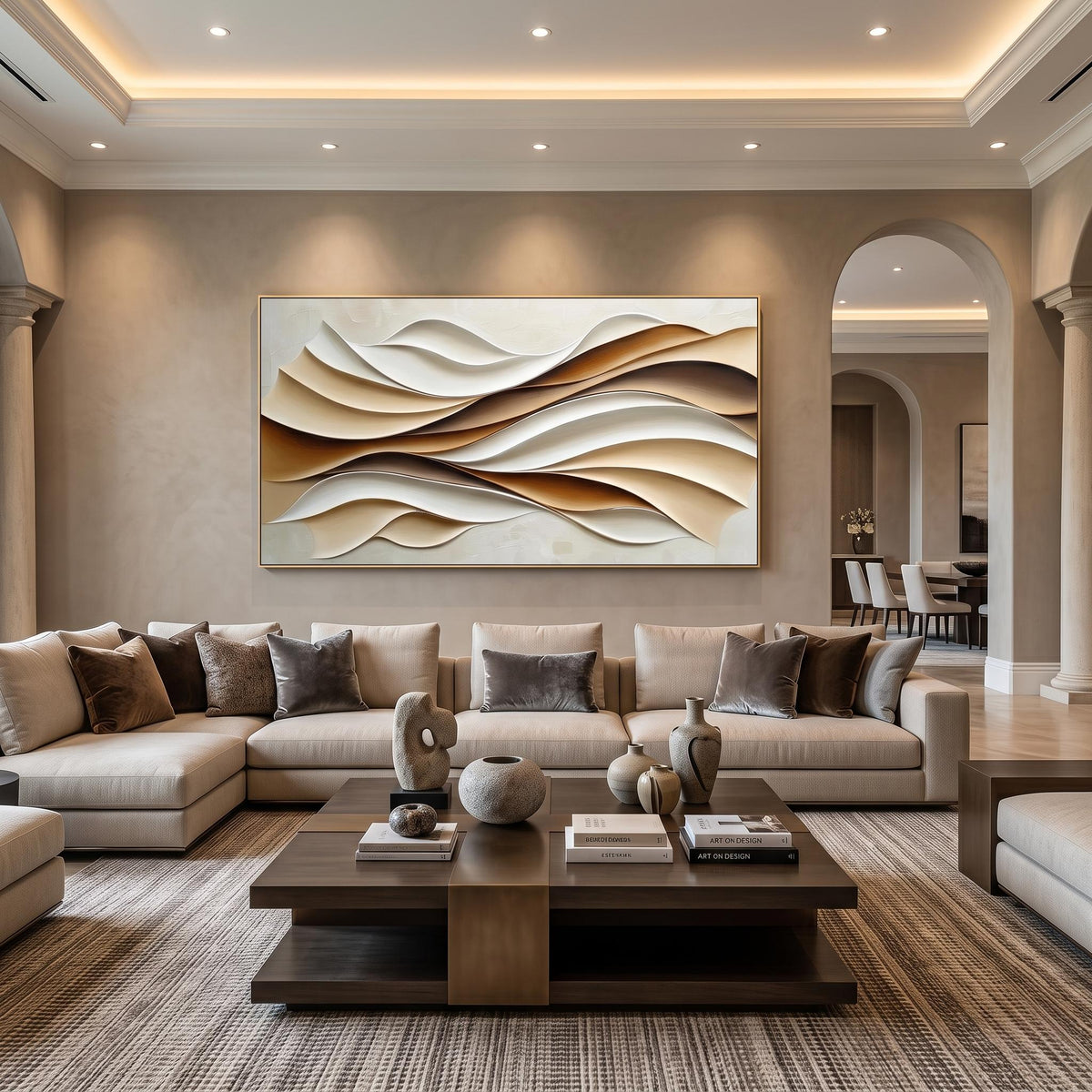 "Layered Wave" - Modern Heavy Impasto Ocean Wave Seascape | Beige Palette Knife Painting | Luxury Horizontal Wall Art #YK 1555