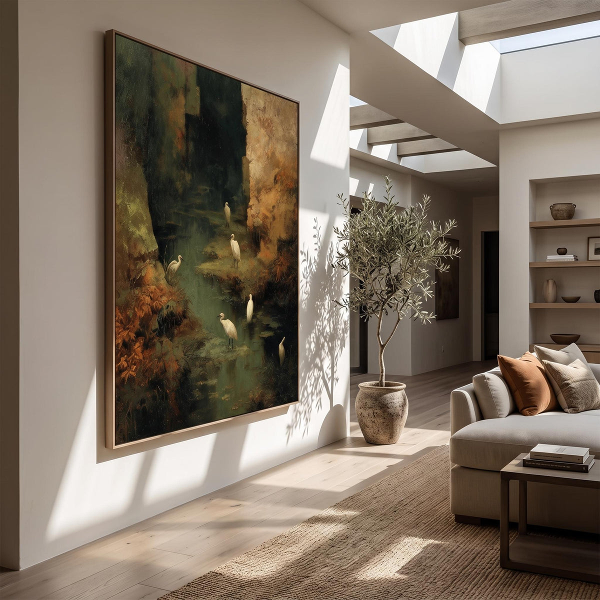 "Wetland Egret" - Modern Heavy Impasto Abstract Artwork | Golden Palette Knife Painting | Luxury Vertical Wall Art #YK 1550