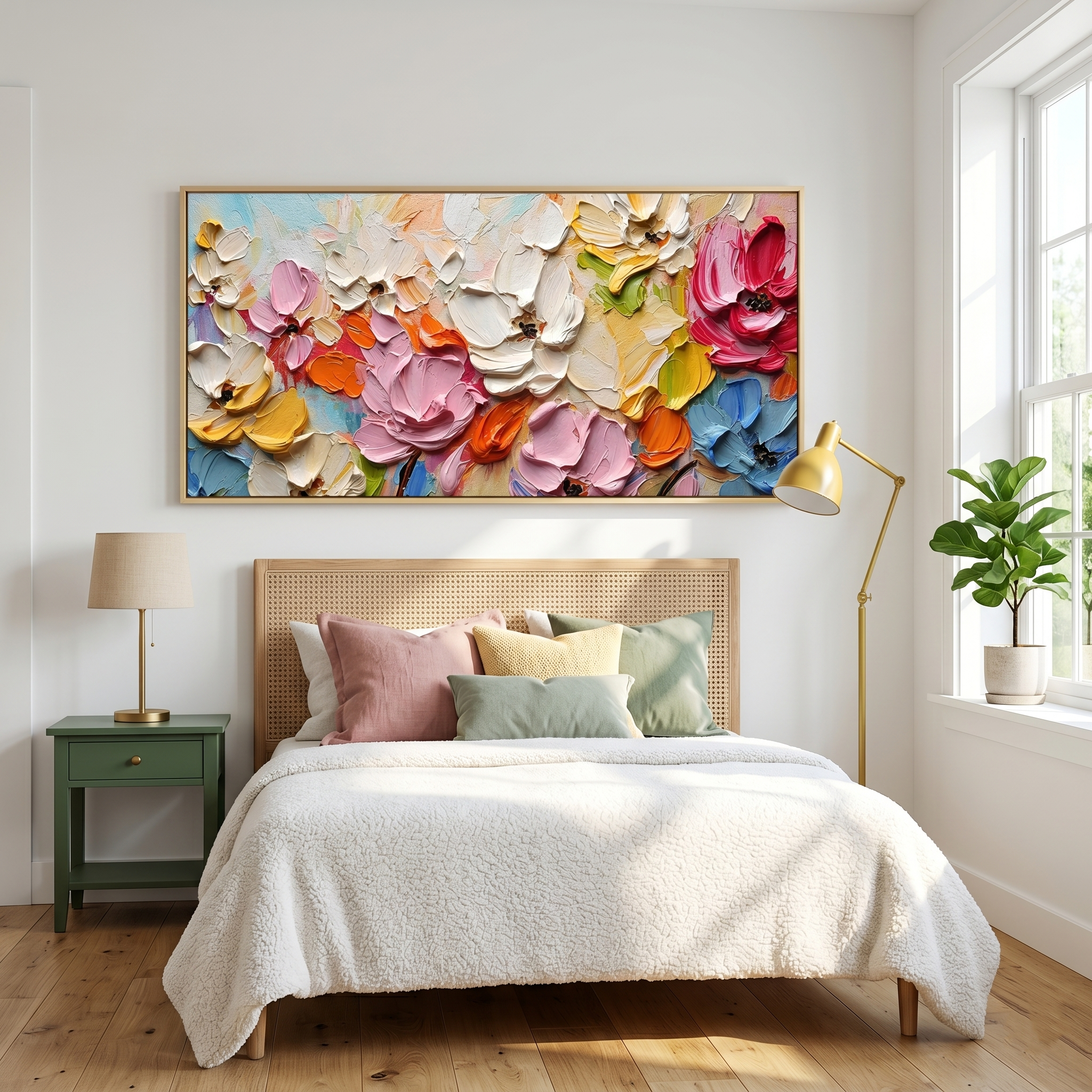 "Chromatic Bloom" – 3D Heavy Impasto Floral Panorama | Vibrant Textured Statement Art