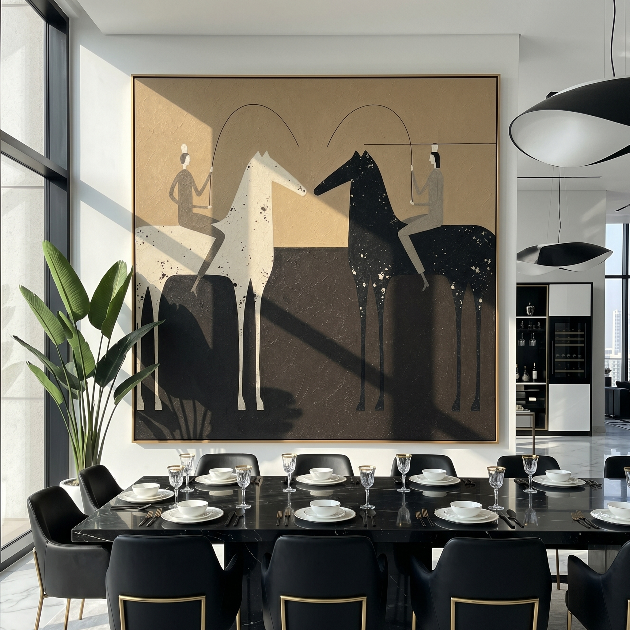 "Dual Polo Equinox" – Modern Heavy Impasto Minimalist Figurative | 3D Warm Umber & Charcoal Palette Knife Painting | Luxury Square Wall Art #AB 018