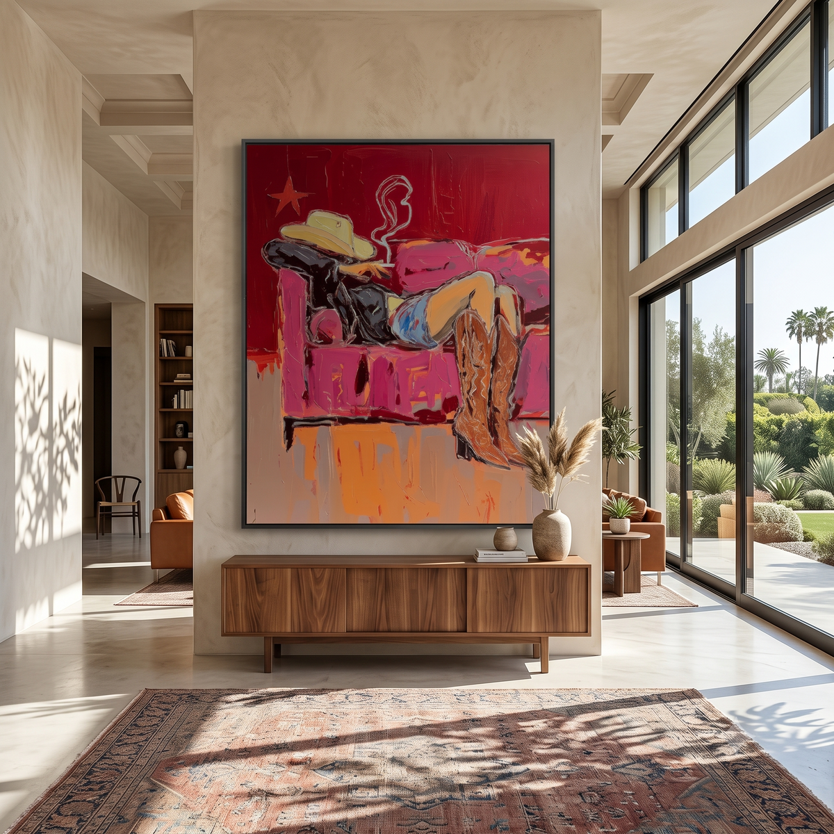 "Couch Western Cowgirl" - Modern Heavy Impasto Western Animal Artwork | Pink Palette Knife Painting | Luxury Vertical Wall Art #YK 1586