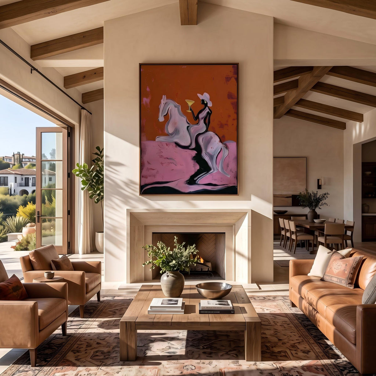 "Cowgirl Martini Ride" - Modern Heavy Impasto Western Animal Artwork | Pink Palette Knife Painting | Luxury Vertical Wall Art #YK 1571
