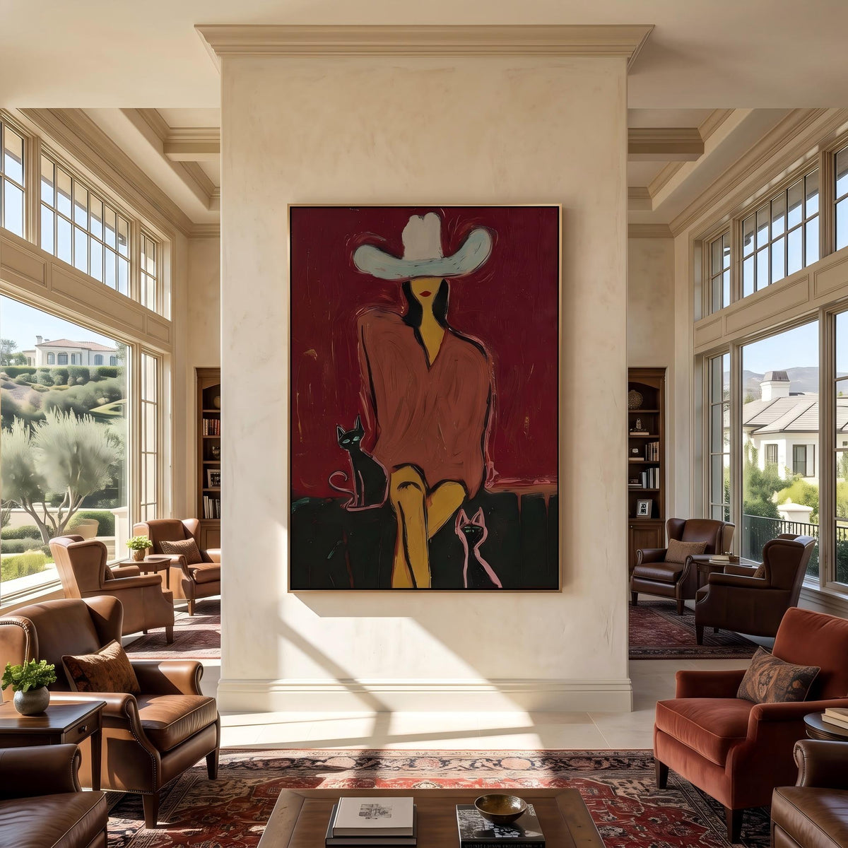 "Western Woman and Cat" - Modern Heavy Impasto Western Animal Artwork | Golden Palette Knife Painting | Luxury Vertical Wall Art #YK 1574