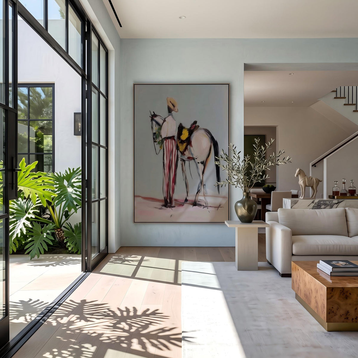"Western Cowboy and Horse" - Modern Heavy Impasto Western Animal Artwork | White Palette Knife Painting | Luxury Vertical Wall Art #YK 1570