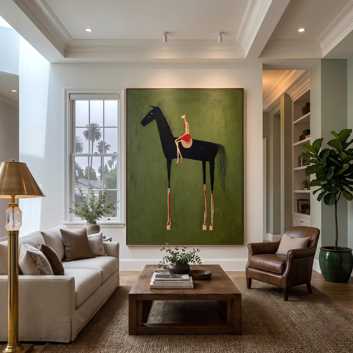 "Black Horse & Rider" - Modern Heavy Impasto Western Animal Artwork | Green Palette Knife Painting | Luxury Vertical Wall Art #YK 1558