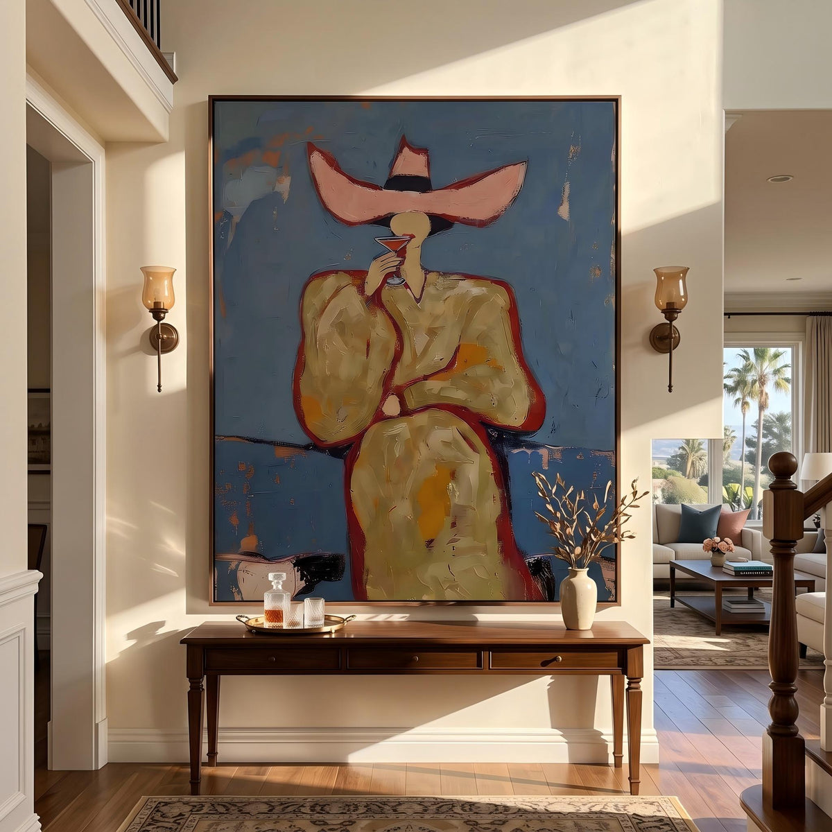 "Pink cowboy hat woman drinking cocktail" - Modern Heavy Impasto Western Animal Artwork | Golden & Orange Palette Knife Painting | Luxury Vertical Wall Art #YK 1576