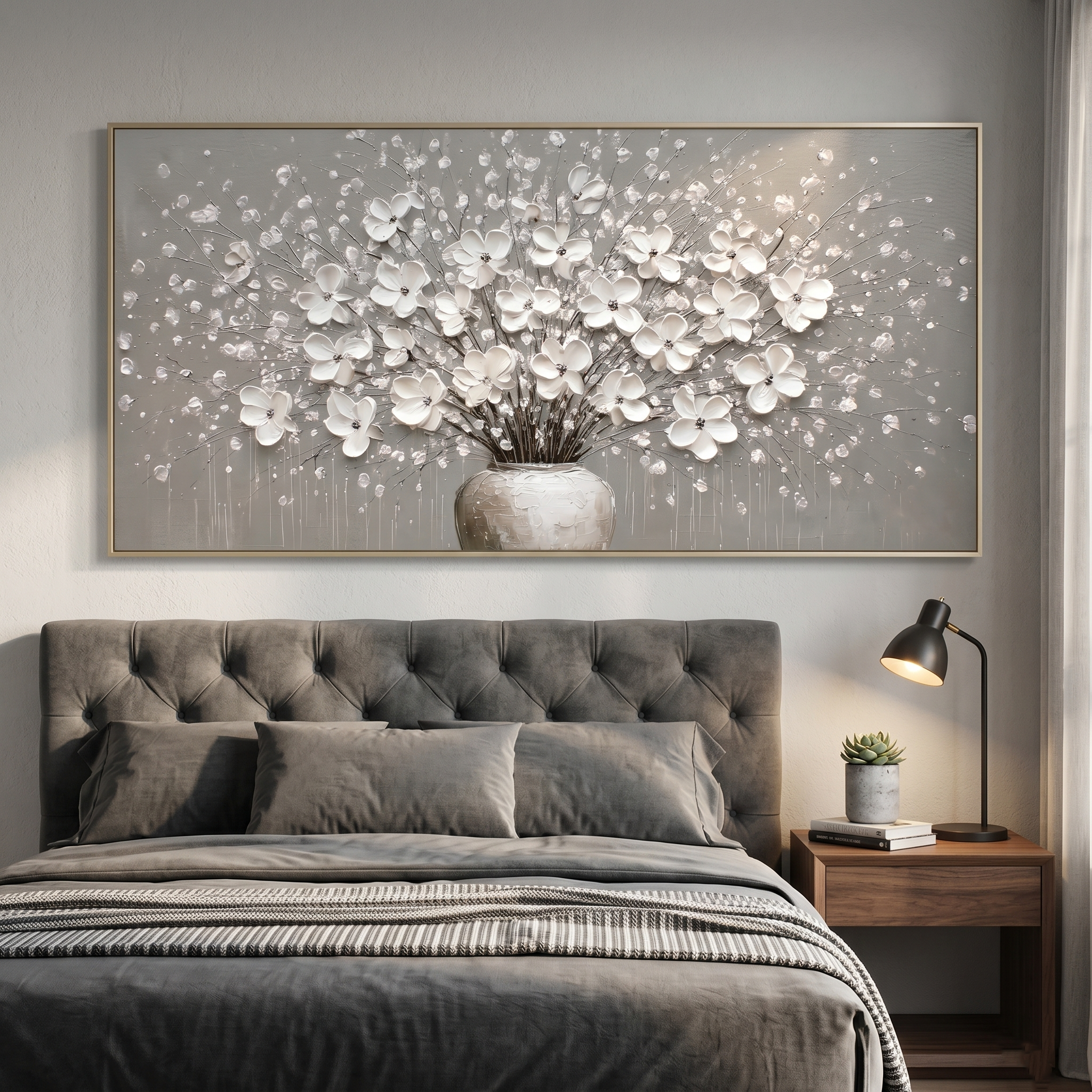 "Silver Harmony" – Modern 3D Heavy Impasto White Floral Still Life | Elegant Neutral Statement Art