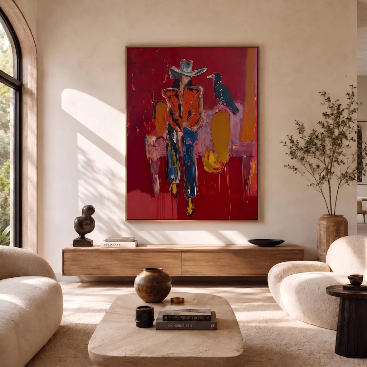 "Crow Cowgirl" - Modern Heavy Impasto Western Animal Artwork | Golden & Pink Palette Knife Painting | Luxury Vertical Wall Art #YK 1575