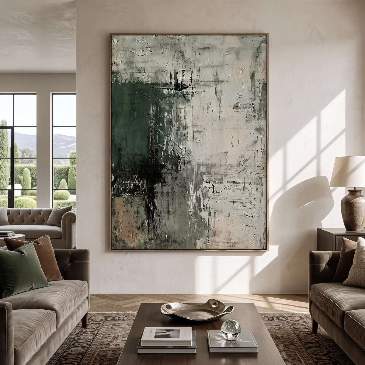 "Dark Green Mottled Texture" - Modern Heavy Impasto Abstract Artwork | Green Palette Knife Painting | Luxury Vertical Wall Art #YK 1617