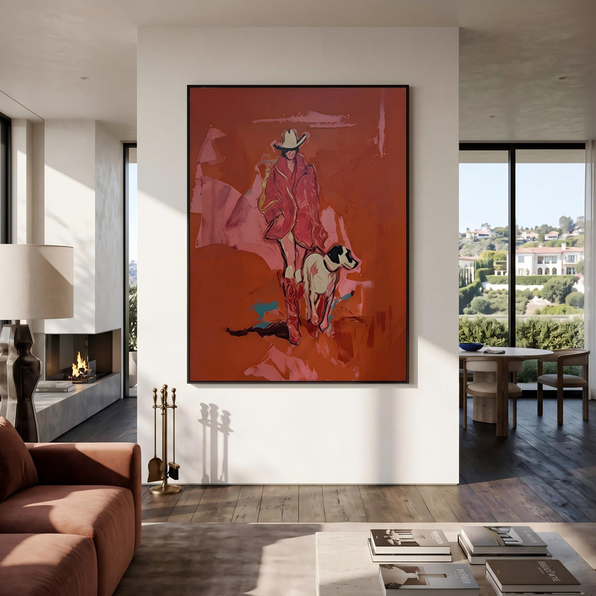 "Cowgirl and Dog" - Modern Heavy Impasto Dog Portrait Artwork | Pink Palette Knife Painting | Luxury Vertical Wall Art #YK 1583