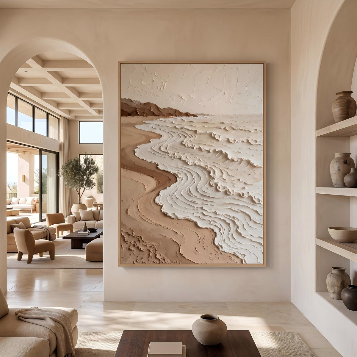 "Neutral Tones Stereoscopic Seaside Wall Decor" - Modern Heavy Impasto Coastal Landscape | Beige Palette Knife Painting | Luxury Vertical Wall Art #YK 1613