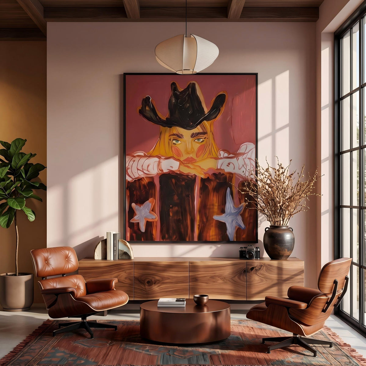 "Western Cowboy Girl" - Modern Heavy Impasto Western Animal Artwork | Orange Palette Knife Painting | Luxury Vertical Wall Art #YK 1580
