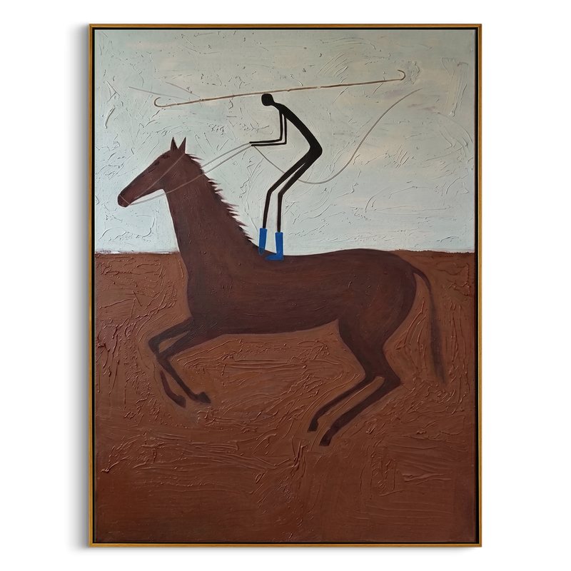 "The Lasso Rider" – Modern Heavy Impasto Western Art | 3D Terracotta & Sky Blue Palette Knife Painting | Luxury Vertical Wall Art #AB 009