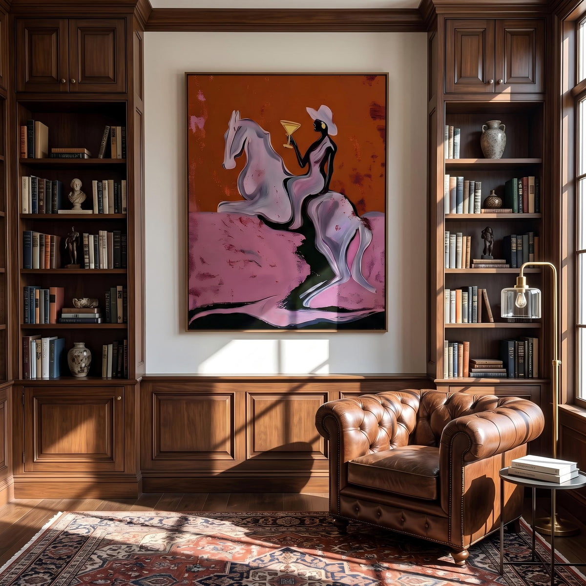 "Cowgirl Martini Ride" - Modern Heavy Impasto Western Animal Artwork | Pink Palette Knife Painting | Luxury Vertical Wall Art #YK 1571