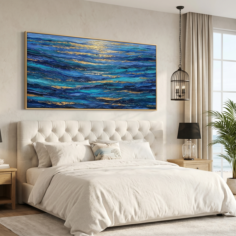 "Luminous Tides" – Extreme 3D Heavy Impasto Ocean Abstract | Gilded Coastal Statement Art