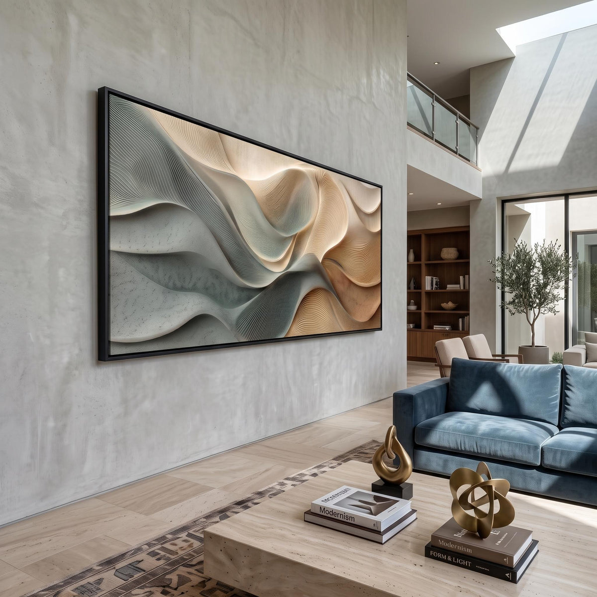 "Dusty Blue Beige Heavy‑Texture Wave" - Modern Heavy Impasto Ocean Wave Seascape | Beige Palette Knife Painting | Luxury Horizontal Wall Art #YK 1608