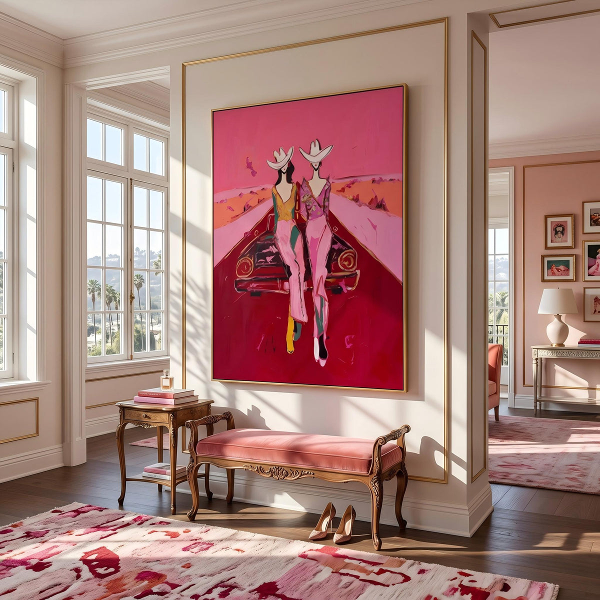 "Cowgirls on the Road" - Modern Heavy Impasto Abstract Artwork | Pink Palette Knife Painting | Luxury Vertical Wall Art #YK 1585