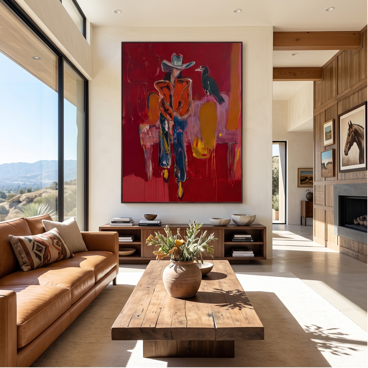 "Crow Cowgirl" - Modern Heavy Impasto Western Animal Artwork | Golden & Pink Palette Knife Painting | Luxury Vertical Wall Art #YK 1575