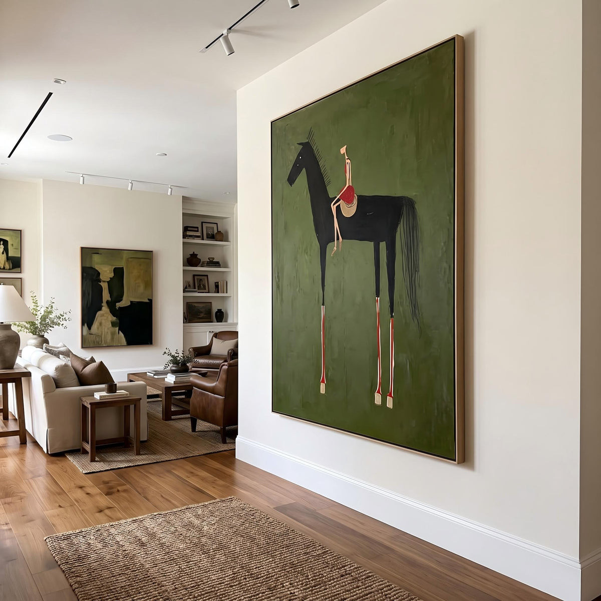 "Black Horse & Rider" - Modern Heavy Impasto Western Animal Artwork | Green Palette Knife Painting | Luxury Vertical Wall Art #YK 1558