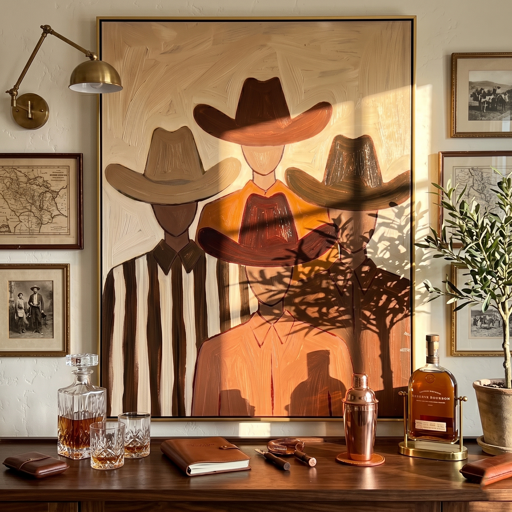 "The Four Cowboys" – Modern Heavy Impasto Western Art | 3D Cinnamon & Sand Palette Knife Painting | Luxury Vertical Wall Art #PE 015